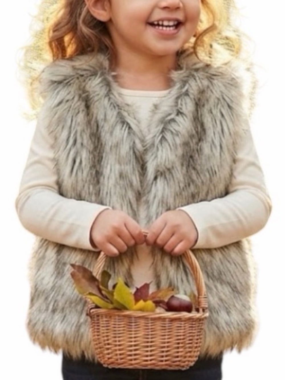 OLD NAVY Faux Fur Button Front Vest Ivory Grey Girls Size 4T Cozy